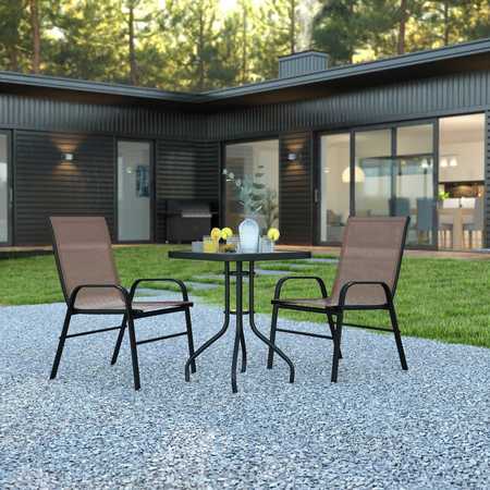 FLASH FURNITURE 3PC Patio Set-23.5SQ Glass Table, 2 Brown Chairs TLH-073A1303C-BN-GG